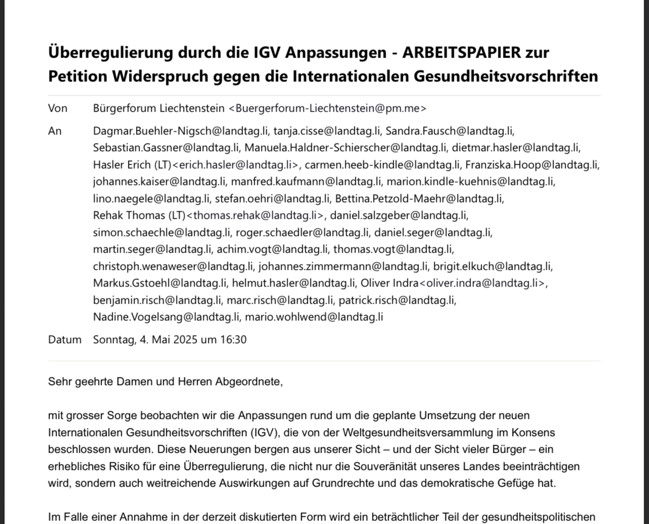 Vorschau zu eMail an alle Landtagsabgeordneten inklusiv Arbeitspapier zur «Petition für den Widerspruch gegen die Internationalen Gesundheitsvorschriften (IGV)»